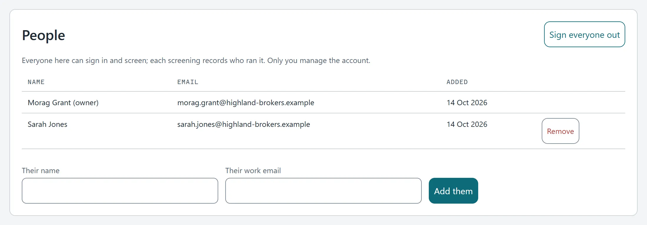 The People list on the Account page, with the form to add someone