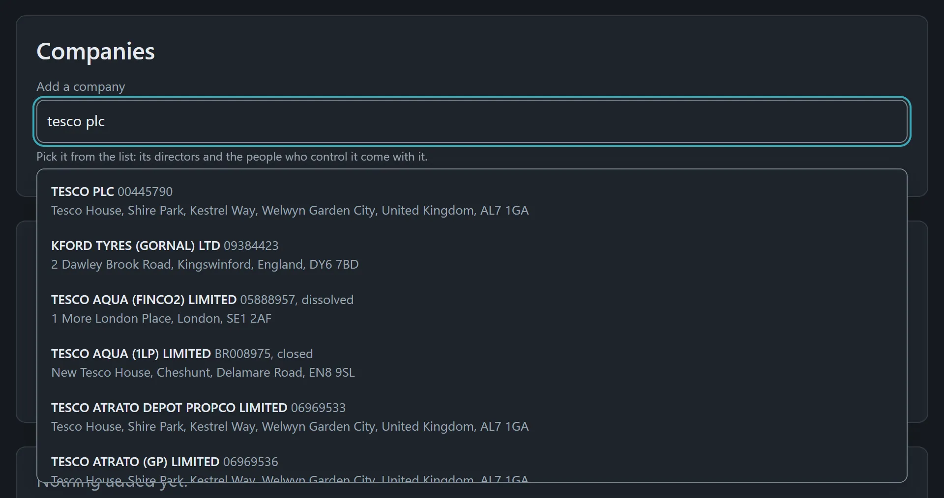 Typing a company's name, with Companies House's matches listed