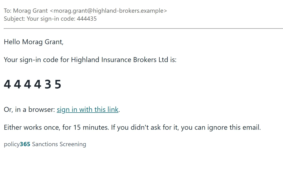 The sign-in email, with a six-digit code and a link